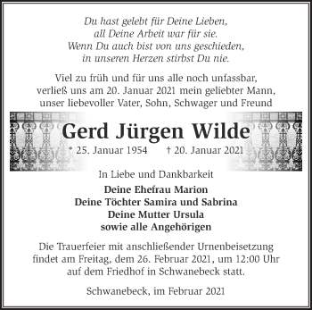 Traueranzeige von Gerd Jürgen Wilde von Märkische Oderzeitung