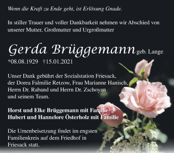 Traueranzeige von Gerda Brüggemann von Märkische Oderzeitung