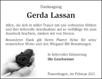 Traueranzeige von Gerda Lassan von Märkische Oderzeitung