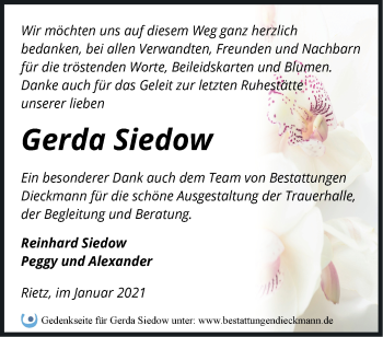 Traueranzeige von Gerda Siedow von Märkische Oderzeitung