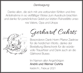 Traueranzeige von Gerhard Cuhrts von Märkische Oderzeitung