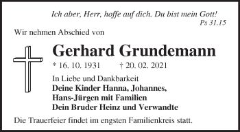 Traueranzeige von Gerhard Grundemann von Märkische Oderzeitung