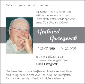 Traueranzeige von Gerhard Grzegorek von Märkische Oderzeitung