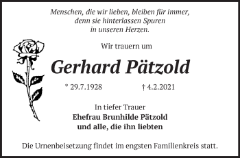 Traueranzeige von Gerhard Pätzold von Märkische Oderzeitung