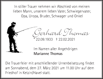 Traueranzeige von Gerhard Thomas von Märkische Oderzeitung