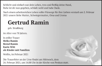 Traueranzeige von Gertrud Ramin von Märkische Oderzeitung