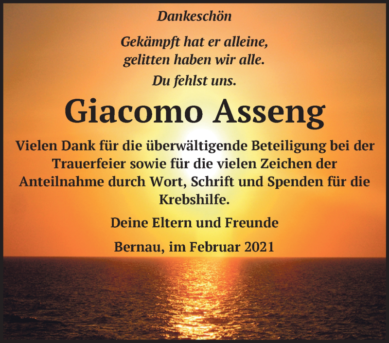  Traueranzeige für Giacomo Asseng vom 13.02.2021 aus Märkische Oderzeitung