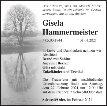 Traueranzeige von Gisela Hammermeister von Märkische Oderzeitung