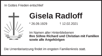 Traueranzeige von Gisela Radloff von Märkische Oderzeitung