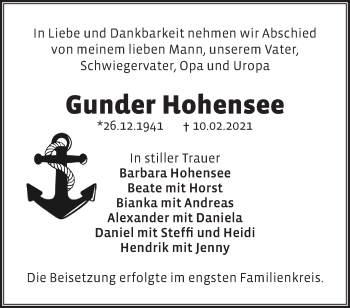 Traueranzeige von Gunder Hohensee von Märkische Oderzeitung