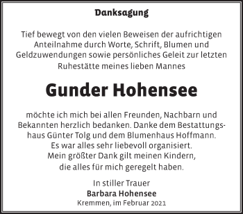 Traueranzeige von Gunder Hohensee von Märkische Oderzeitung