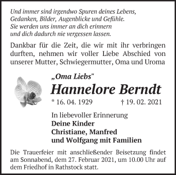 Traueranzeige von Hannelore Berndt von Märkische Oderzeitung