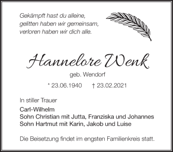 Traueranzeige von Hannelore Wenk von Märkische Oderzeitung