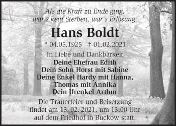 Traueranzeige von Hans Boldt von Märkische Oderzeitung