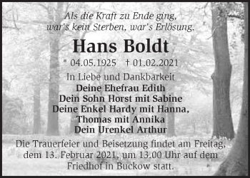 Traueranzeige von Hans Boldt von Märkische Oderzeitung