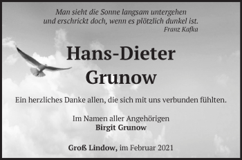 Traueranzeige von Hans-Dieter Grunow von Märkische Oderzeitung