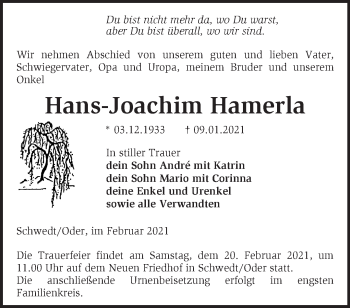 Traueranzeige von Hans-Joachim Hamerla von Märkische Oderzeitung