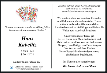 Traueranzeige von Hans Kabelitz von Märkische Oderzeitung