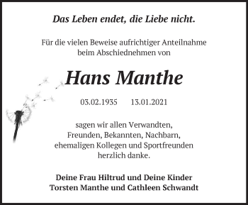 Traueranzeige von Hans Manthe von Märkische Oderzeitung