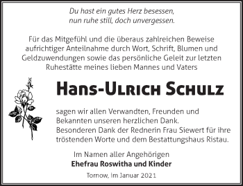 Traueranzeige von Hans-Ulrich Schulz von Märkische Oderzeitung