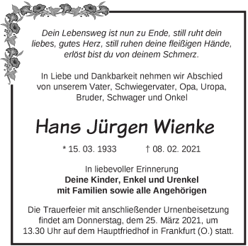 Traueranzeige von Hans Jürgen Wienke von Märkische Oderzeitung