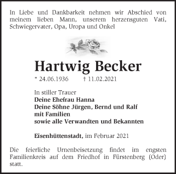 Traueranzeige von Hartwig Becker von Märkische Oderzeitung