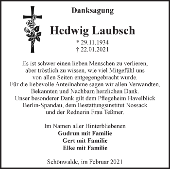 Traueranzeige von Hedwig Laubsch von Märkische Oderzeitung