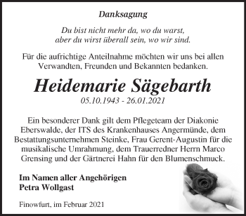 Traueranzeige von Heidemarie Sägebarth von Märkische Oderzeitung