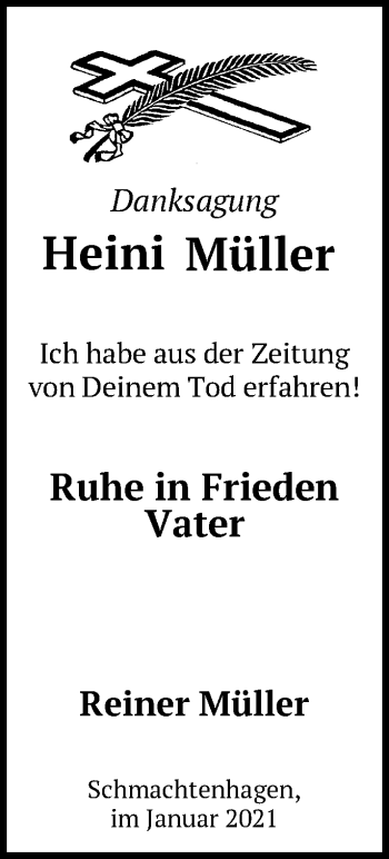 Traueranzeige von Heini Müller von Märkische Oderzeitung