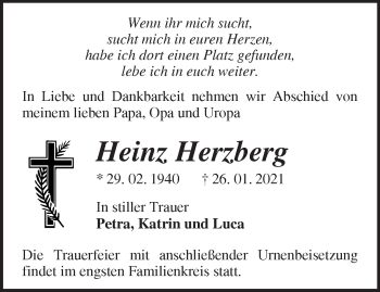 Traueranzeige von Heinz Herzberg von Märkische Oderzeitung