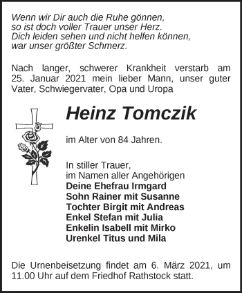 Traueranzeige von Heinz Tomczik von Märkische Oderzeitung