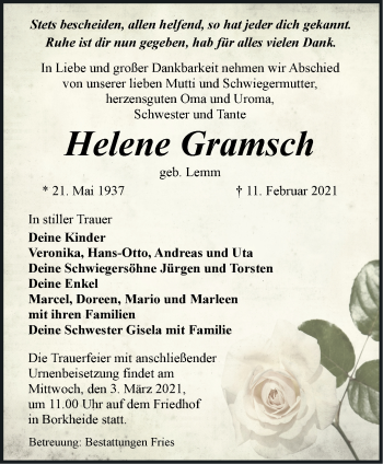 Traueranzeige von Helene Gramsch von Märkische Oderzeitung