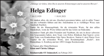 Traueranzeige von Helga Edinger von Märkische Oderzeitung