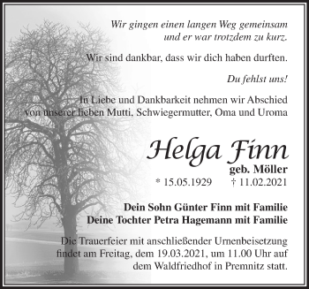 Traueranzeige von Helga Finn von Märkische Oderzeitung