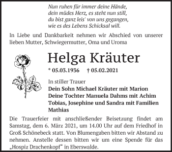 Traueranzeige von Helga Kräuter von Märkische Oderzeitung