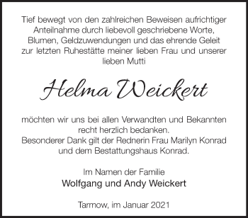 Traueranzeige von Helma Weickert von Märkische Oderzeitung