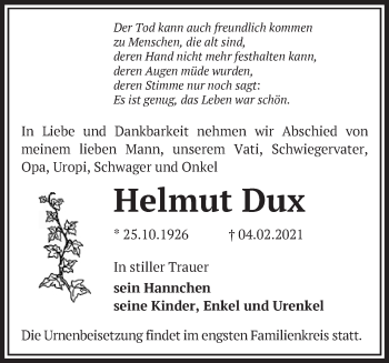 Traueranzeige von Helmut Dux von Märkische Oderzeitung