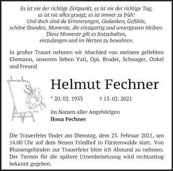 Traueranzeige von Helmut Fechner von Märkische Oderzeitung