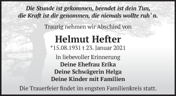 Traueranzeige von Helmut Hefter von Märkische Oderzeitung