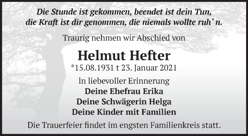  Traueranzeige für Helmut Hefter vom 14.02.2021 aus Märkische Oderzeitung