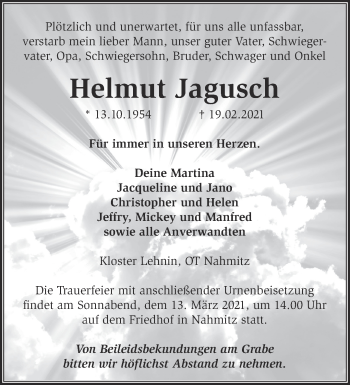 Traueranzeige von Helmut Jagusch von Märkische Oderzeitung