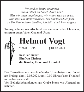 Traueranzeige von Helmut Vogt von Märkische Oderzeitung