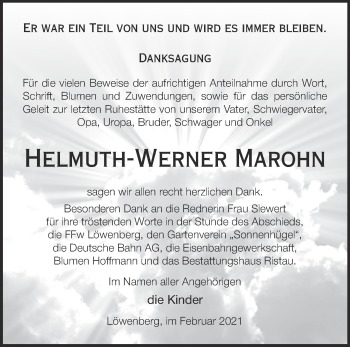 Traueranzeige von Helmuth-Werner Marohn von Märkische Oderzeitung