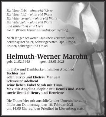 Traueranzeige von Helmuth-Werner Marohn von Märkische Oderzeitung