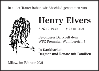 Traueranzeige von Henry Elvers von Märkische Oderzeitung