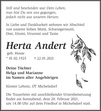 Traueranzeige von Herta Andert von Märkische Oderzeitung