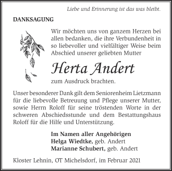 Traueranzeige von Herta Andert von Märkische Oderzeitung