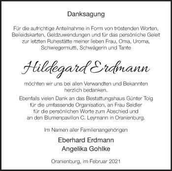 Traueranzeige von Hildegard Erdmann von Märkische Oderzeitung