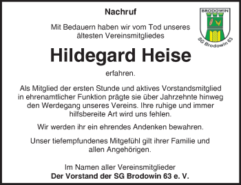 Traueranzeige von Hildegard Heise von Märkische Oderzeitung