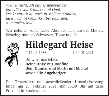 Traueranzeige von Hildegard Heise von Märkische Oderzeitung